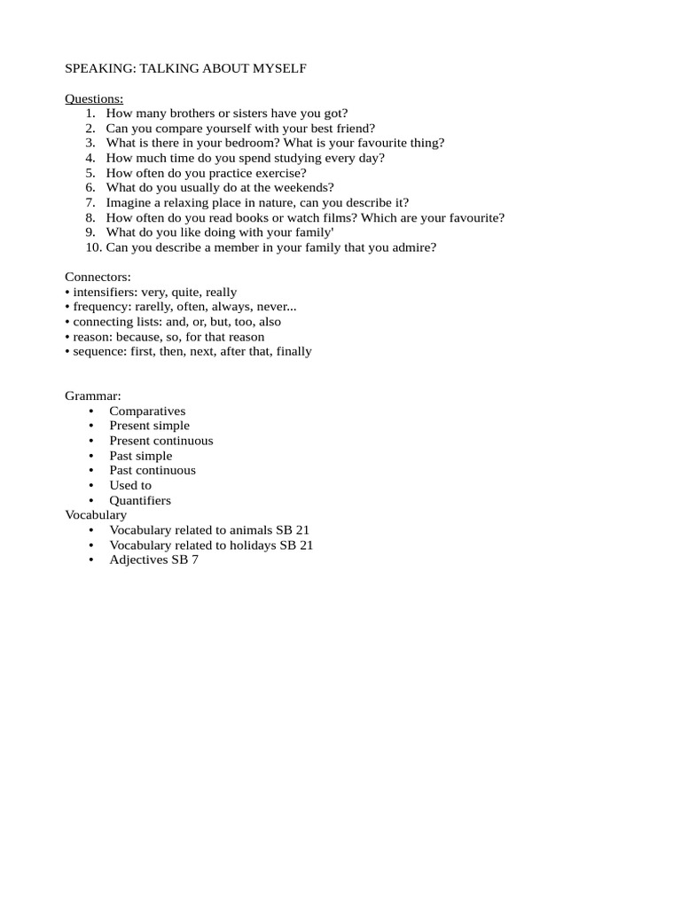 Self-Reflection Speaking Questions | PDF