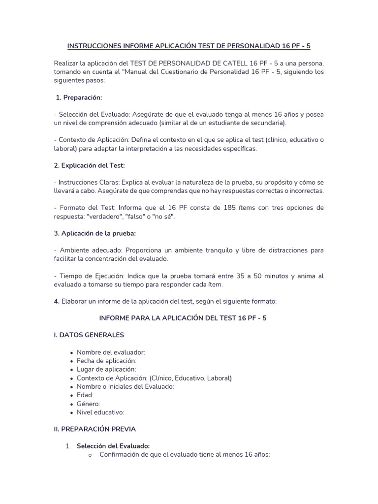 Instrucciones para el Test 16 PF-5 | PDF | Sicología | Conceptos ...