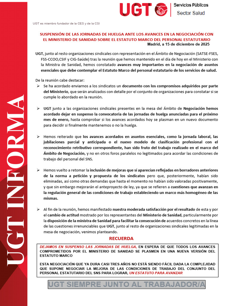 Ugt Informa-Suspension Jornadas de Huelga Por Avances en El em | PDF ...
