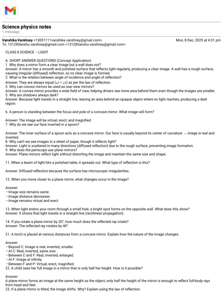Class 8 Science: Light Reflection Notes | PDF | Mirror | Reflection ...