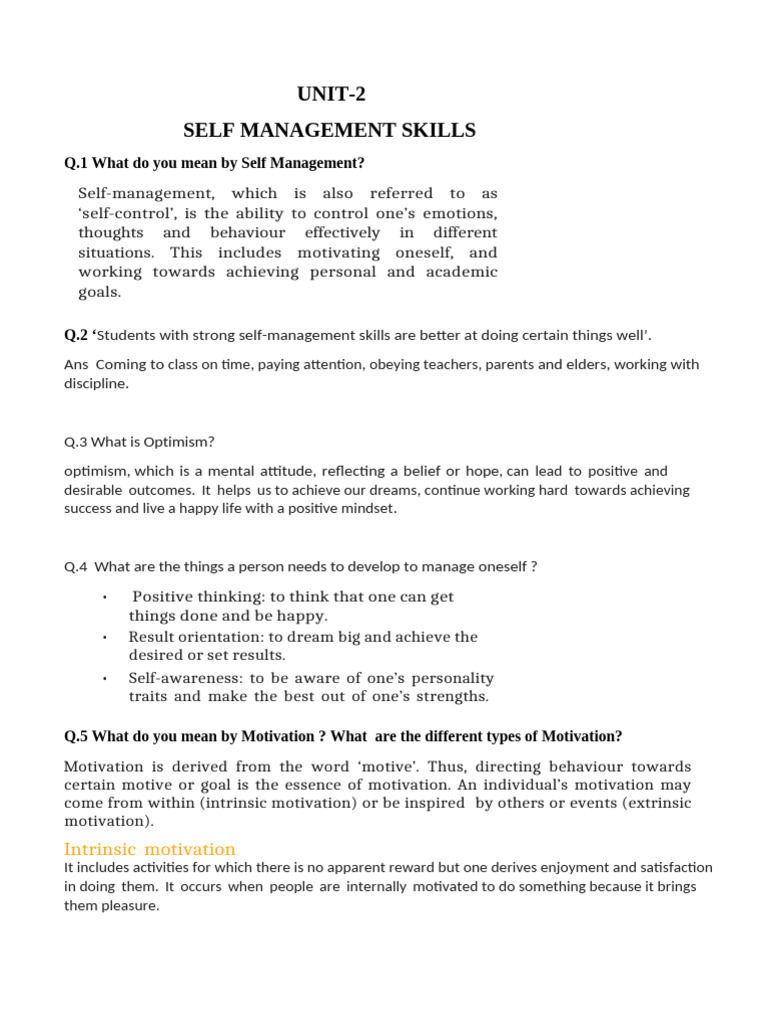 Self Management Skill Unit-2 | PDF | Personality Disorder | Motivational
