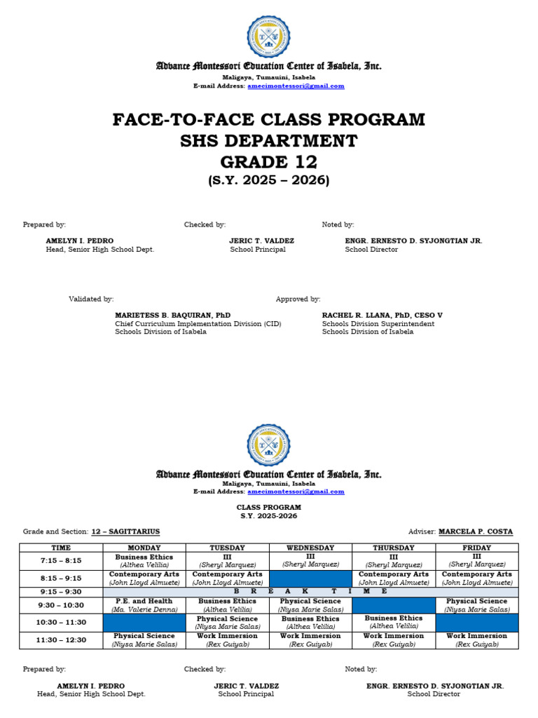 Grade 12 Class Program 2025-2026 | PDF