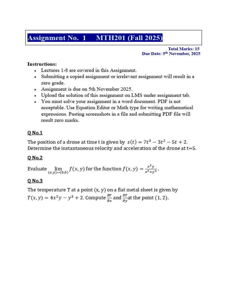 Fall 2025 - MTH201 - 1 | PDF