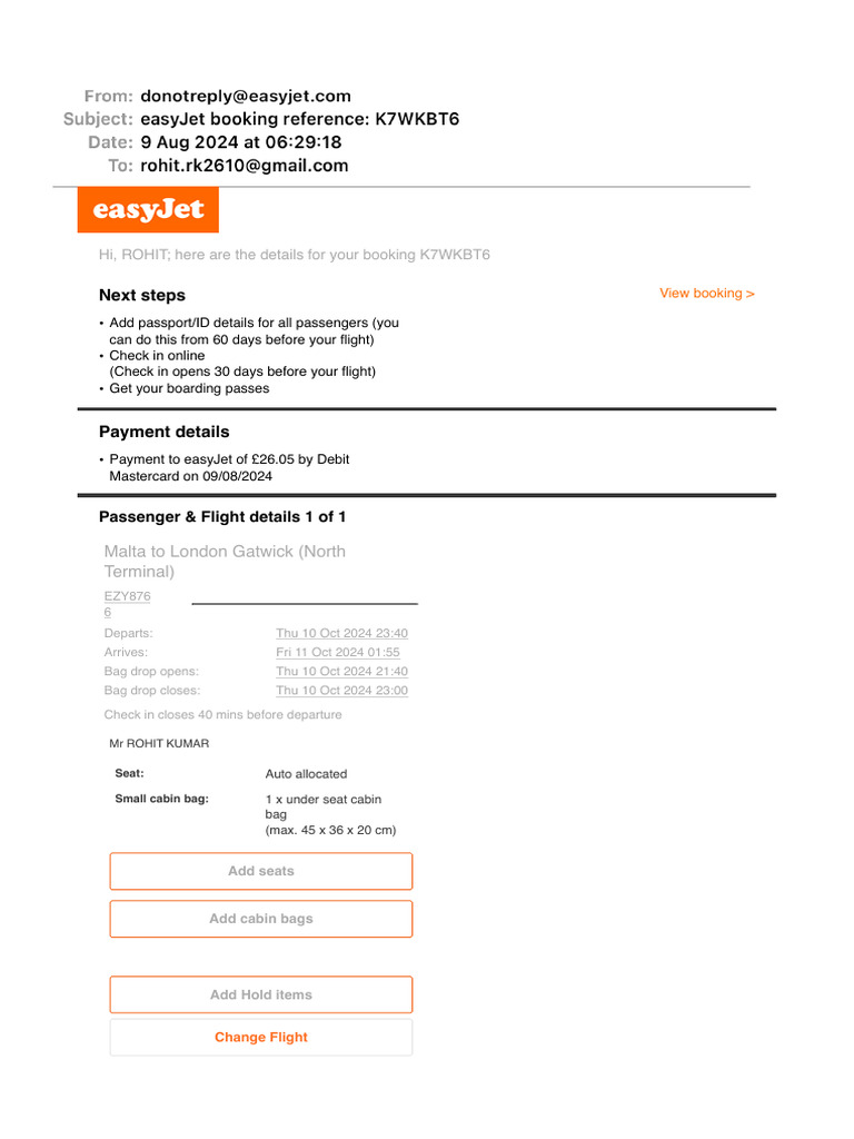 EasyJet Booking Reference: K7WKBT6 | PDF