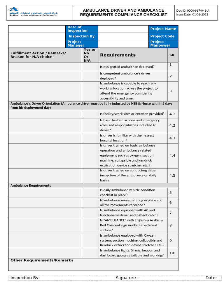 Ambulance Driver and Ambulance Requirements Compliance Checklist | PDF ...