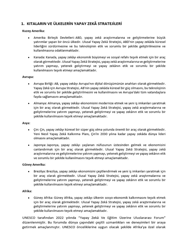 Kitalarin Ve Ülkeleri̇n Yapay Zekâ Strateji̇leri̇ | PDF
