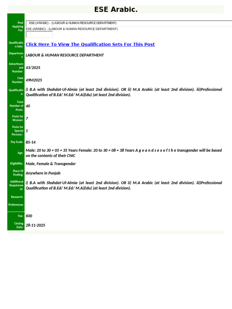 ESE Arabic Post Application 2025 | PDF