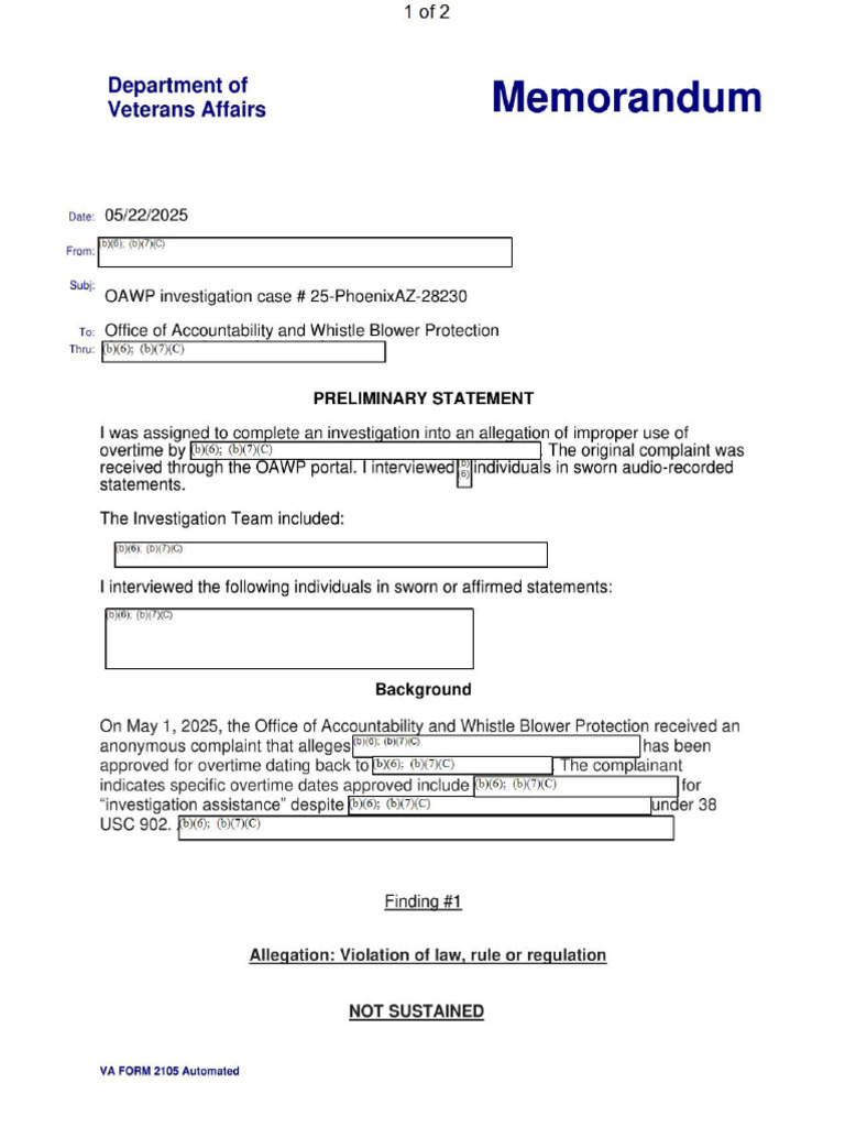 VA Overtime Investigation Findings | PDF