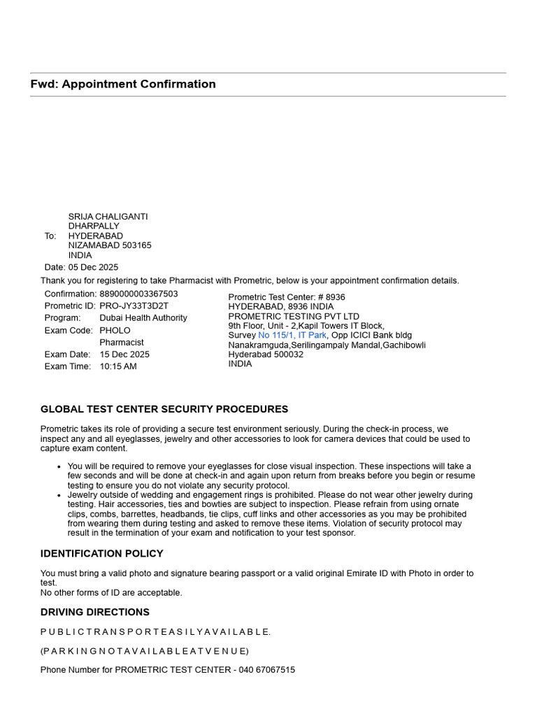 Pharmacist Exam Appointment Confirmation | PDF