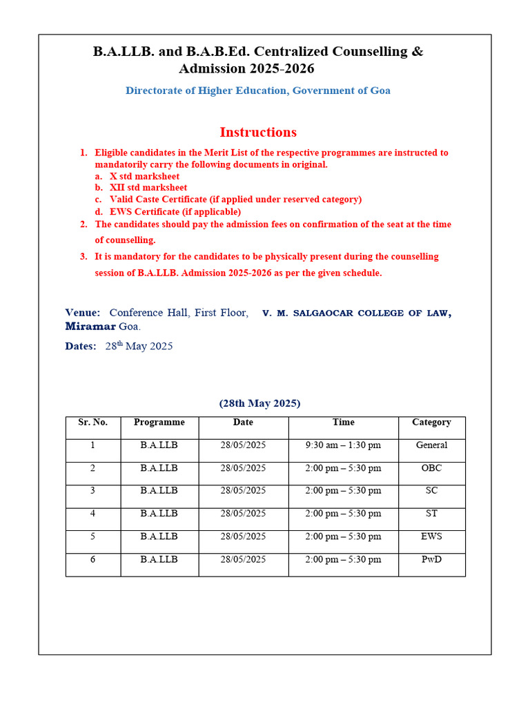 B.A.LLB. Admission Counselling 2025 | PDF