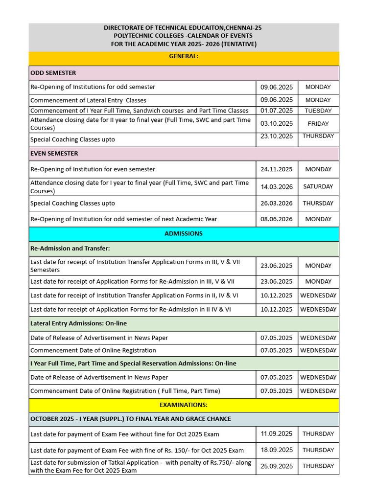 Polytechnic Colleges Academic Calendar 2025-26 | PDF | Academic Term ...
