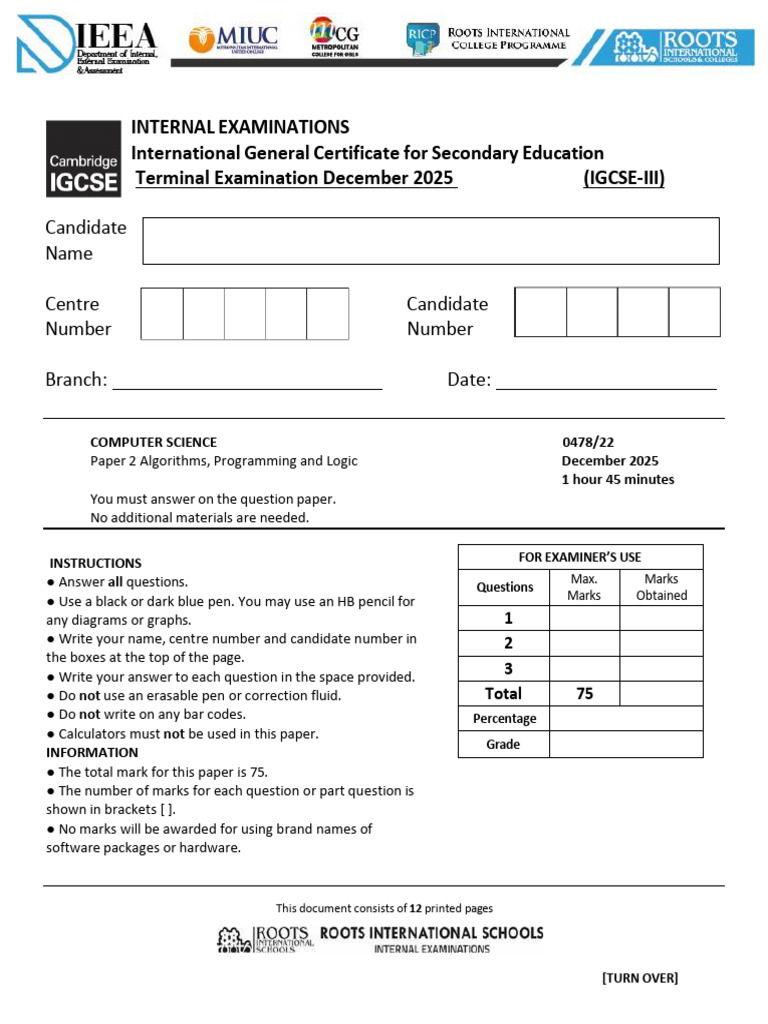 IGCSE Computer Science Exam Paper 2025 | PDF