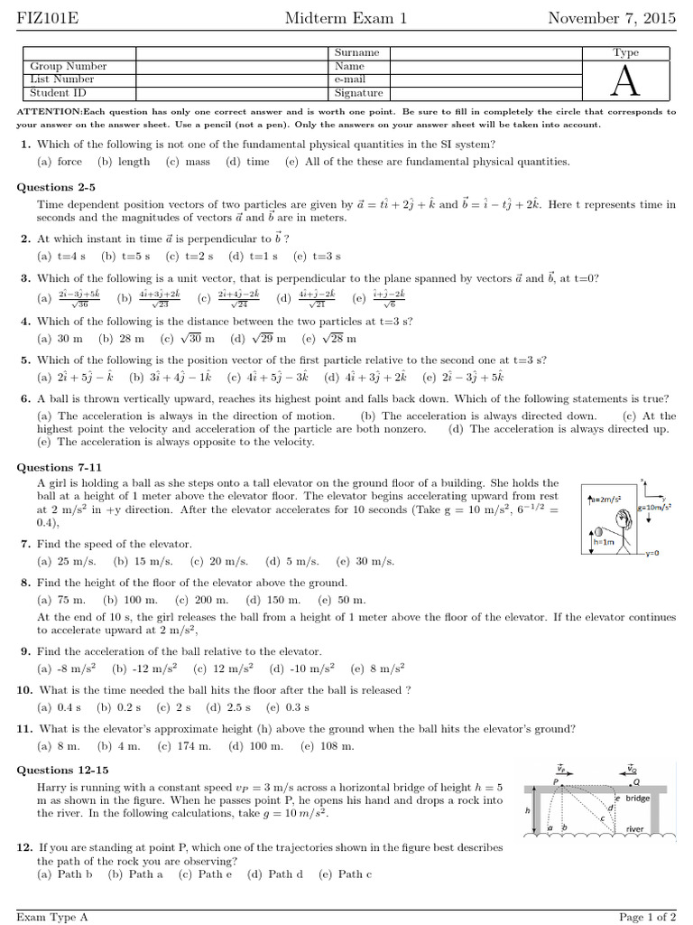 2015-2016G Fiz101E 1v | PDF | Acceleration | Mass