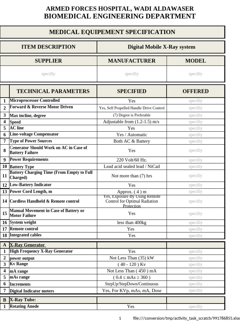 Digital Mobile X-Ray System Specs | PDF | Electrical Engineering ...