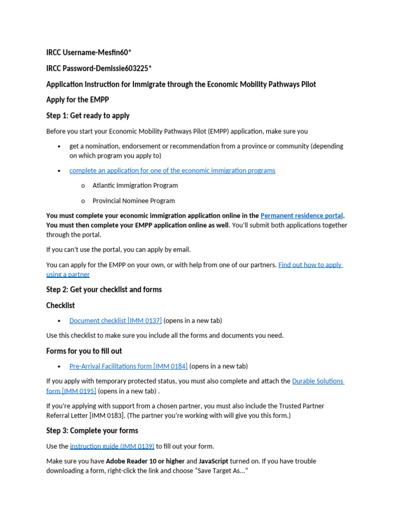 Application Instruction for Immigrate Through the Economic Mobility ...