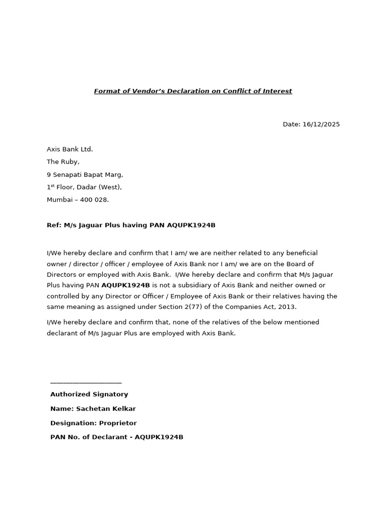 Vendor Declaration On Conflict of Interest To Be Taken On The ...
