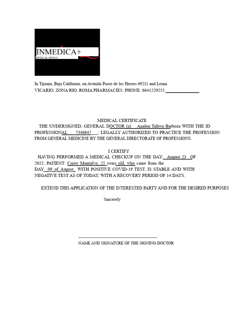 Medical Certificate for COVID-19 Recovery | PDF