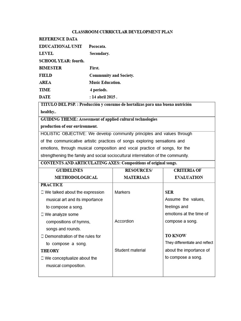 Curricular Development Plan for Music Classroom with Diaries | PDF ...