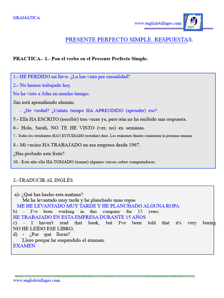 7.1 - Presente Perfecto - Respuestas | PDF