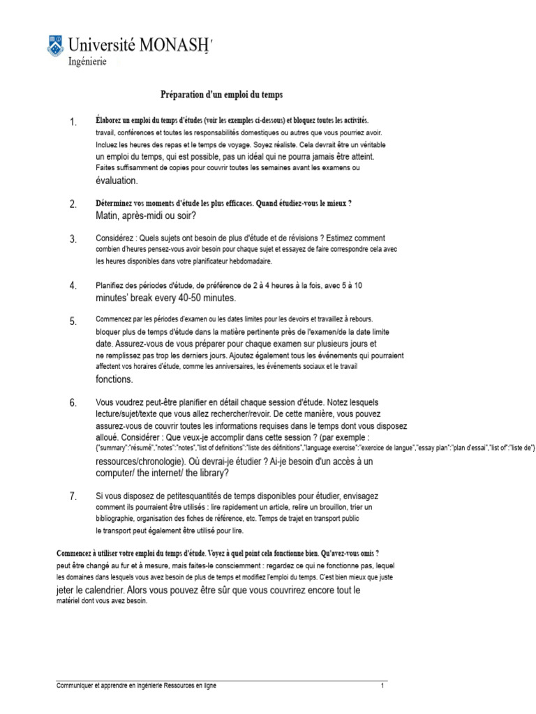Guide pour un emploi du temps d'étude efficace | PDF