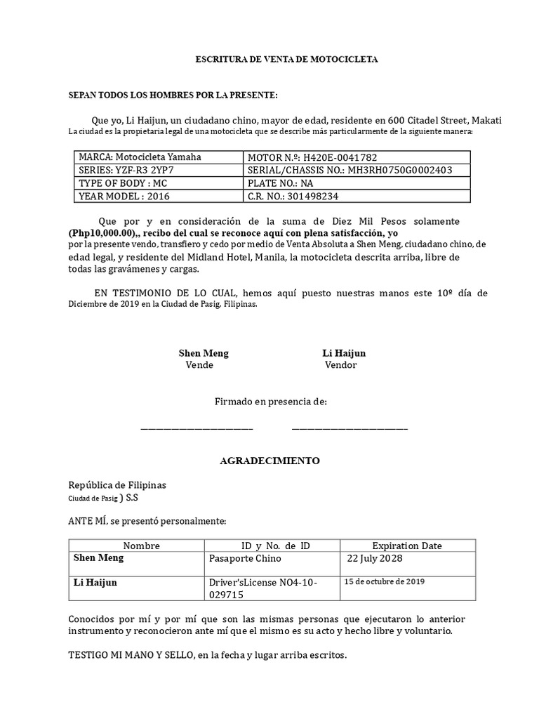 Escritura de Venta de Motocicleta | PDF