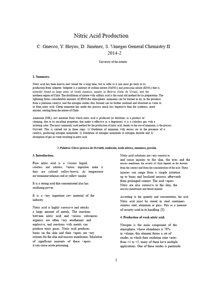 Production of Nitric Acid | PDF | Nitric Acid | Nitrogen
