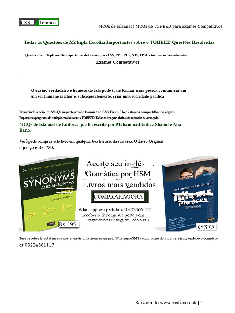 MCQs de TOHEED para Exames Islâmicos | PDF