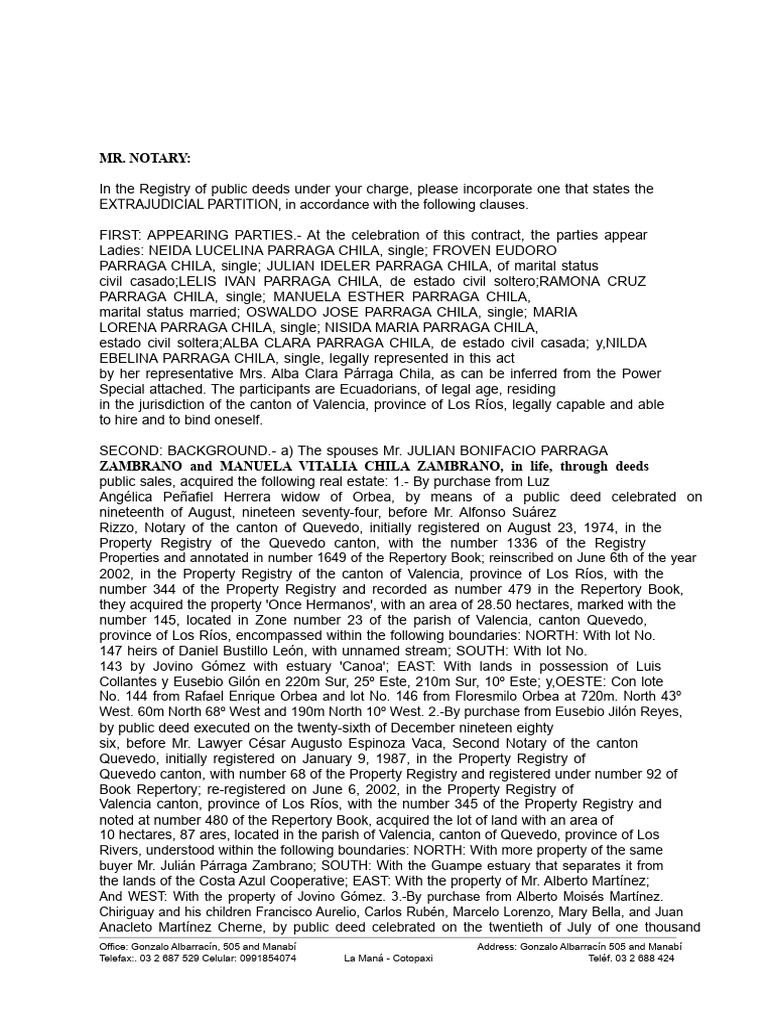 Extrajudicial Partition of Heirs in Ecuador | PDF | Land Lot | Deed