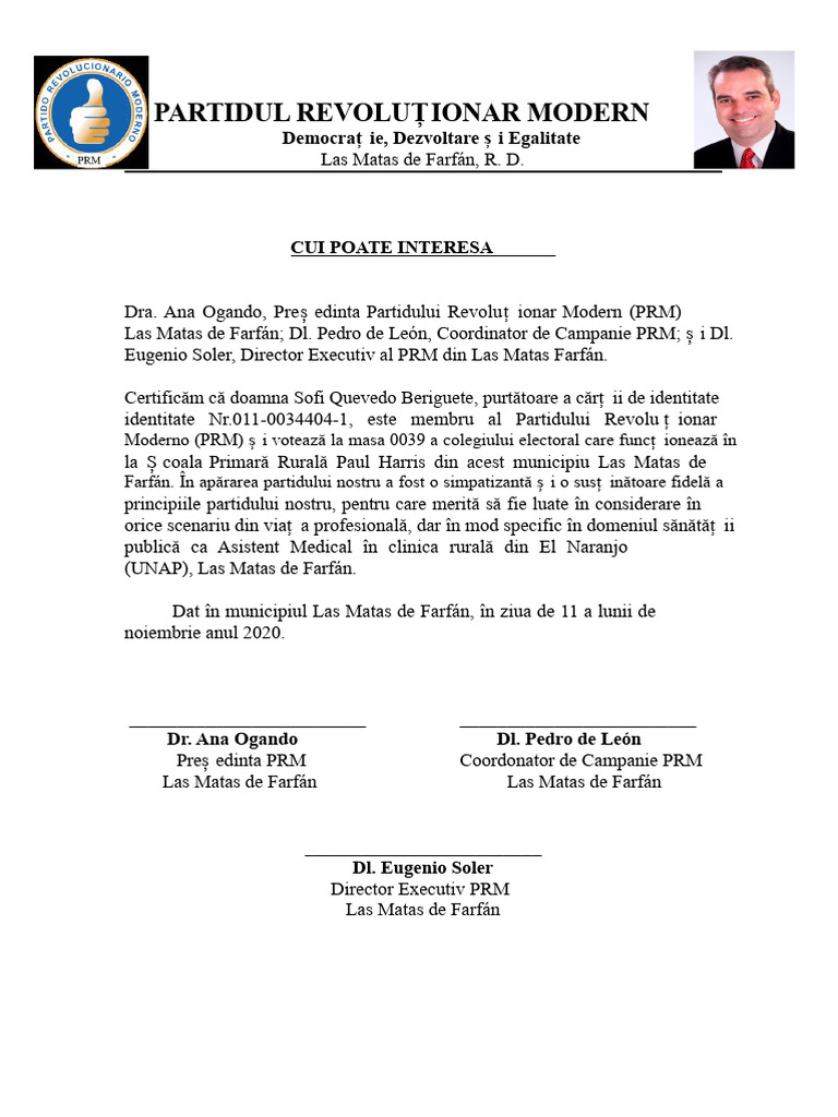 Partidul Revoluționar Modern (PRM) Scrisoare de Recomandare 2 | PDF