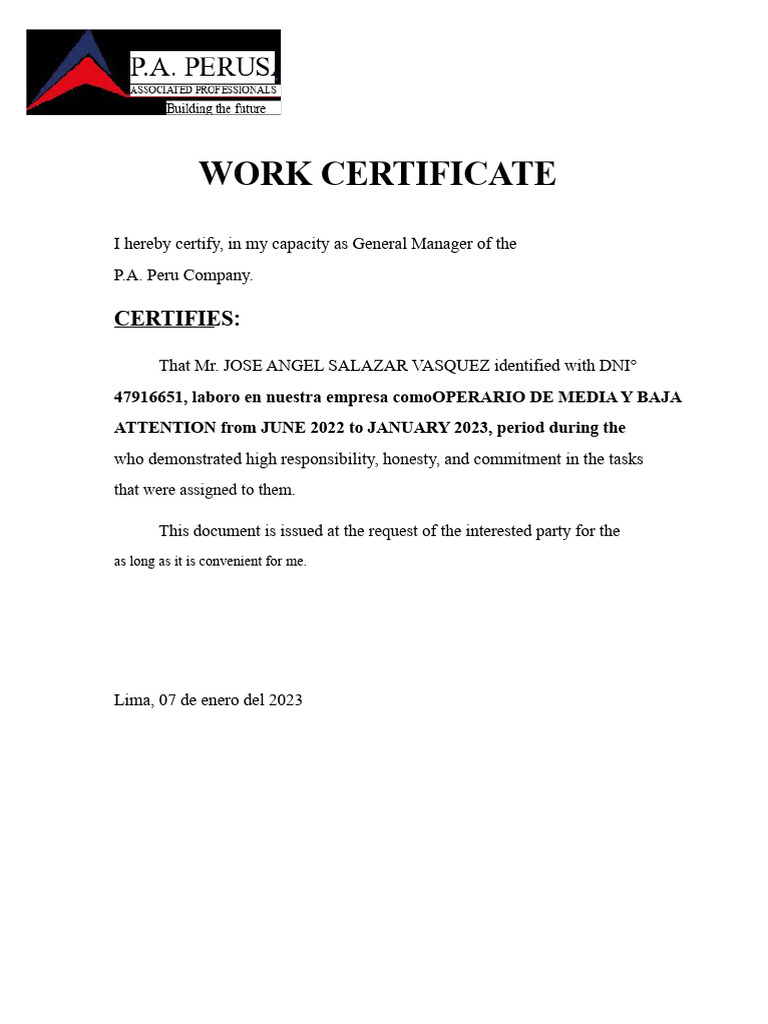 Work Certificate for Jose Angel Salazar | PDF