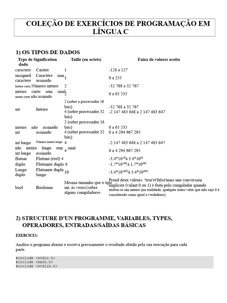 Exercícios de Programação em C | PDF | Tipo de dados | Divisão (Matemática)