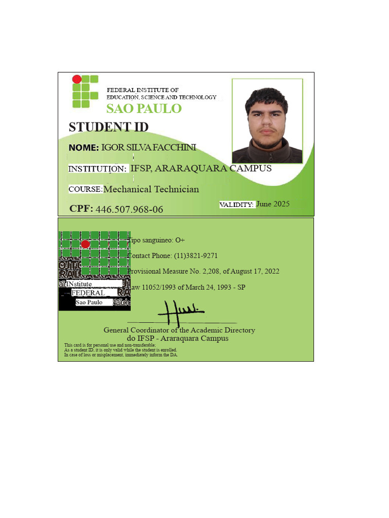 Student ID Card for Igor Silva Facchini | PDF