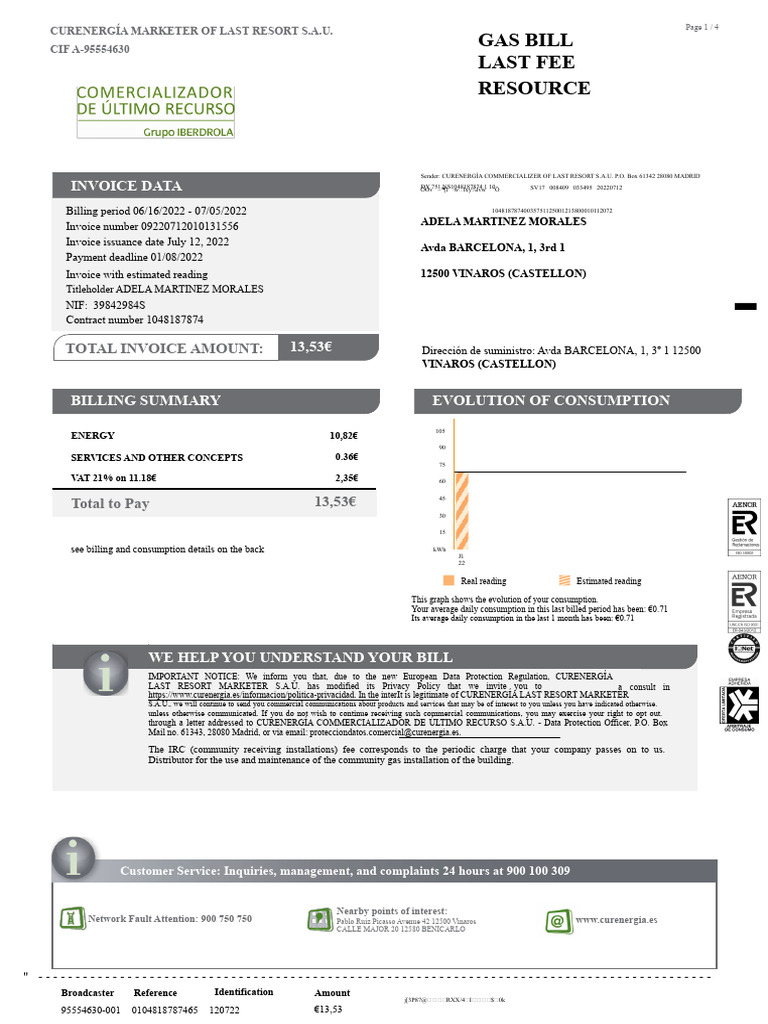 Gas Bill Last Fee Resource: Invoice Data | PDF