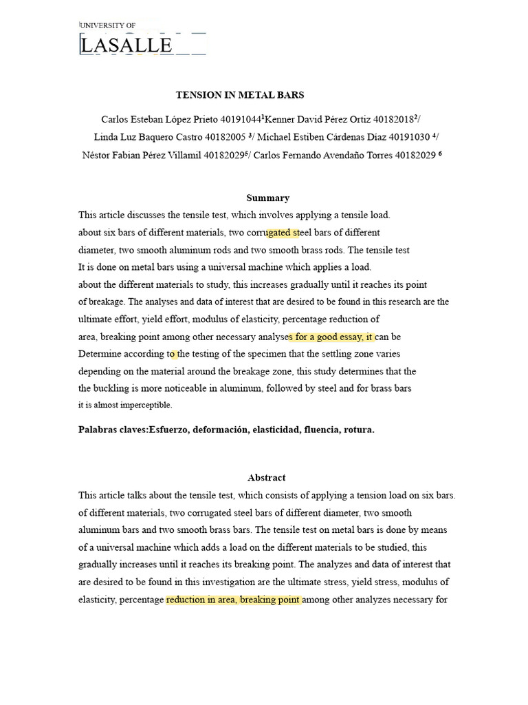 Tensile Testing of Metal Bars Analysis | PDF | Deformation (Engineering ...
