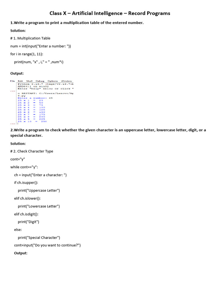 Class X AI Programming Exercises | PDF | Letter Case