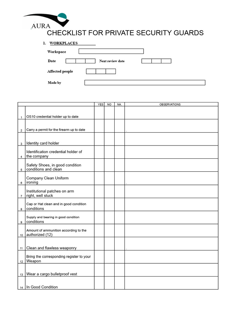Private Security Guard Checklist | PDF | Security Guard