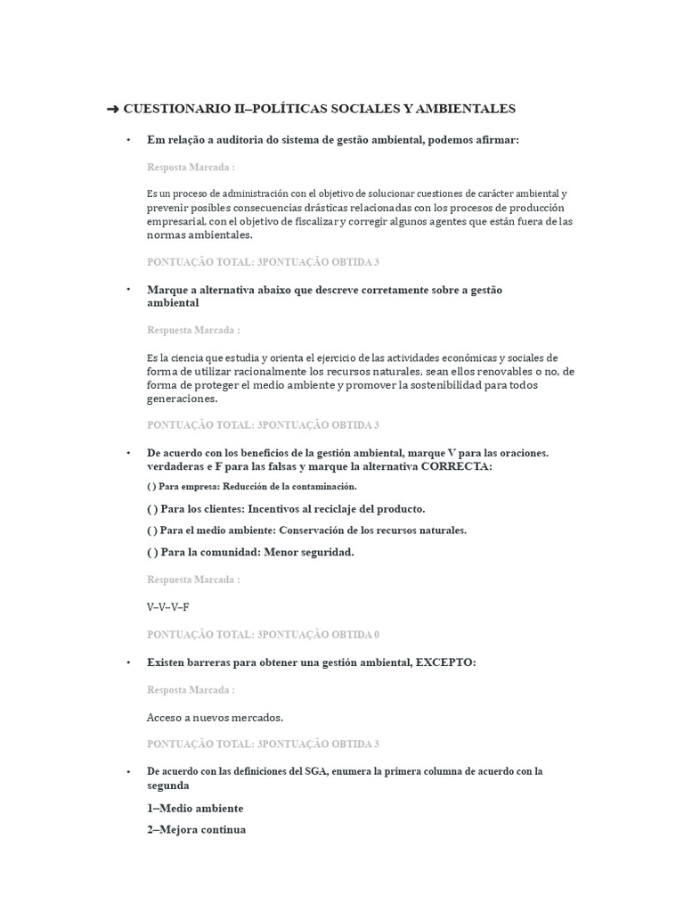 Cuestionario sobre Gestión Ambiental y Social | PDF | Entorno natural ...