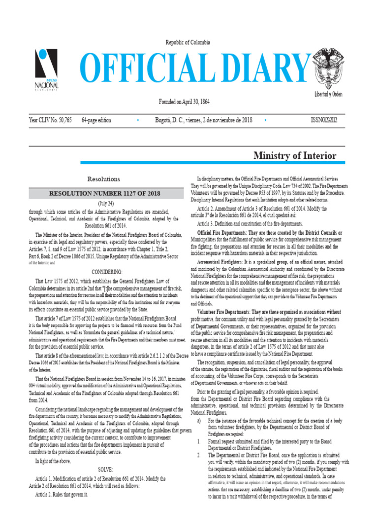 Resolution 1127 of 2018 Official Gazette | PDF | Firefighter | Lawsuit