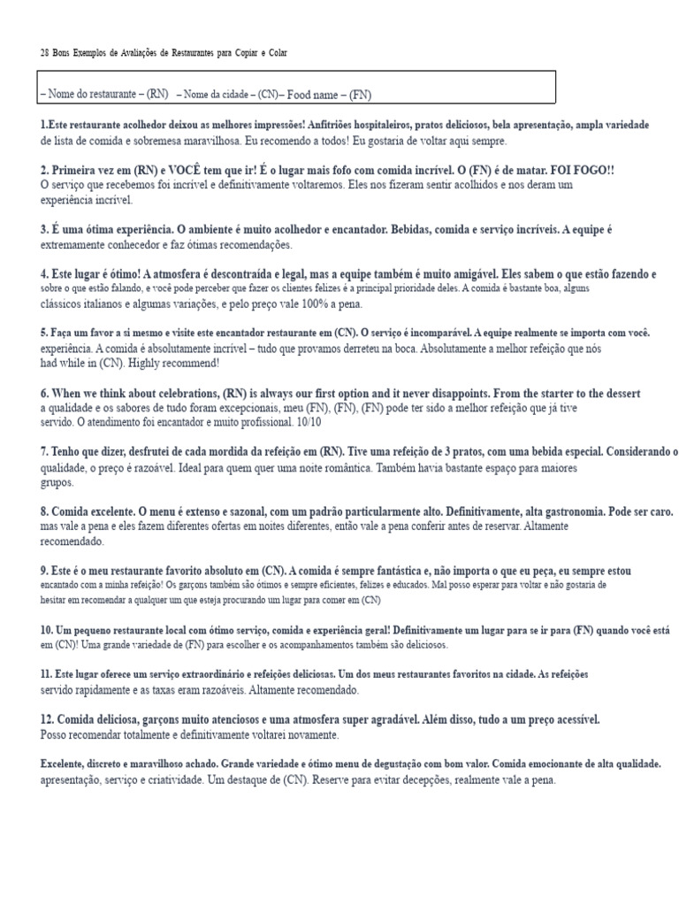 Exemplos de Avaliações de Restaurantes | PDF | Culináriar | Culinária
