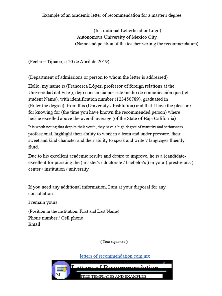Example of Academic Recommendation Letter for Master's Degree | PDF
