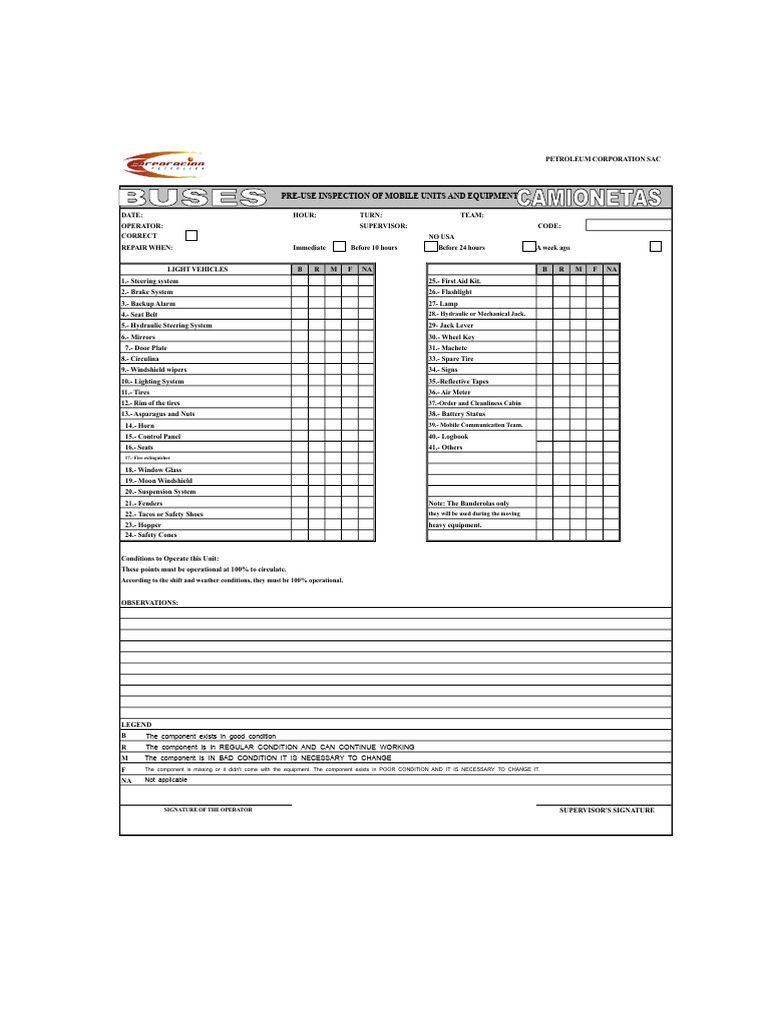 Mobile Equipment Pre-Use Inspection Checklist | PDF | Truck | Tire