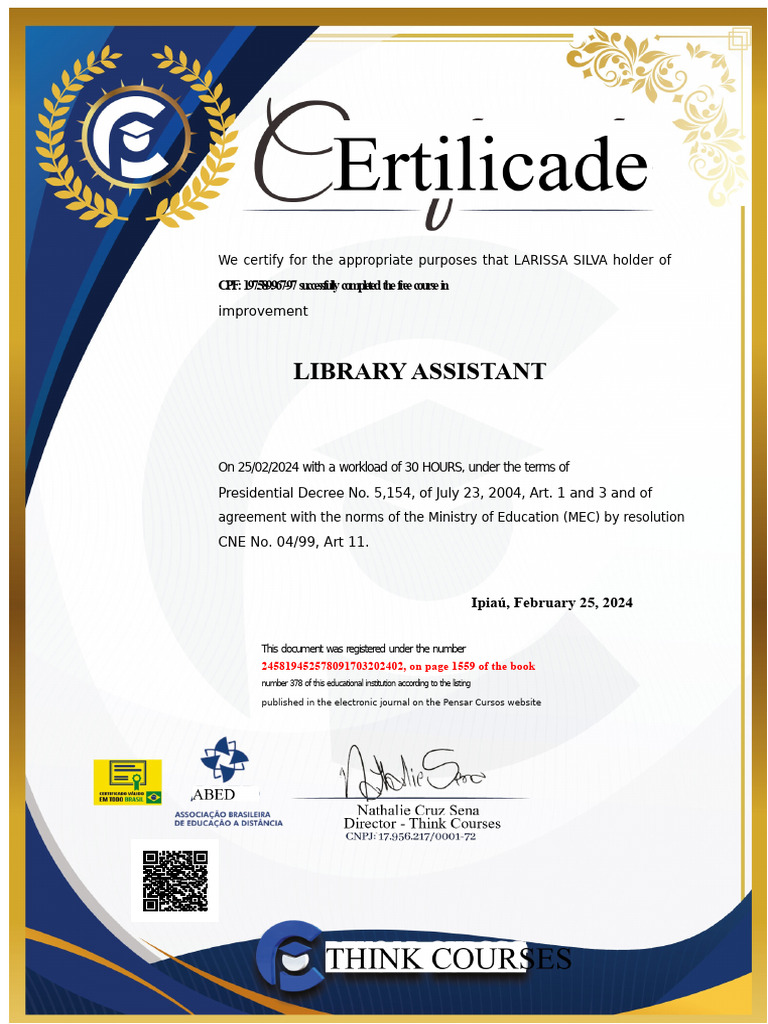 Library Assistant Course Completion Certificate | PDF