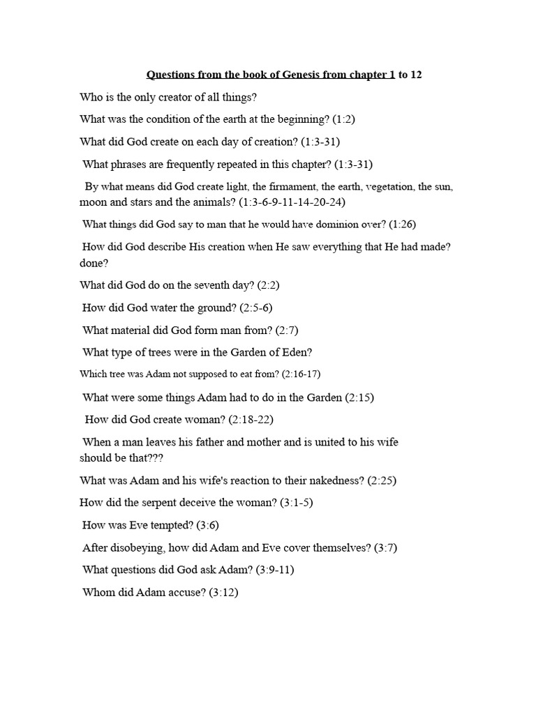 Genesis Questions: Chapters 1-12 Insights | PDF | Adam | Noah's Ark