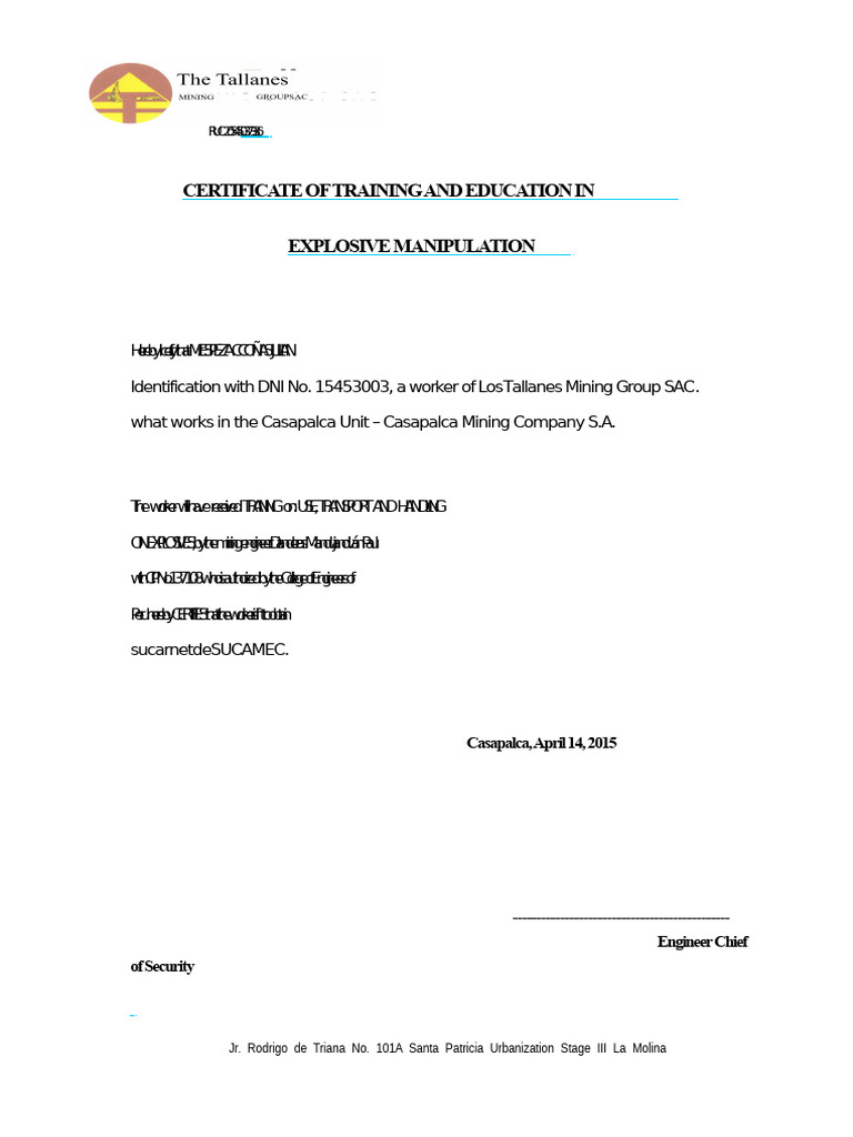 Certificate of Explosive Training | PDF | Authentication | Access Control