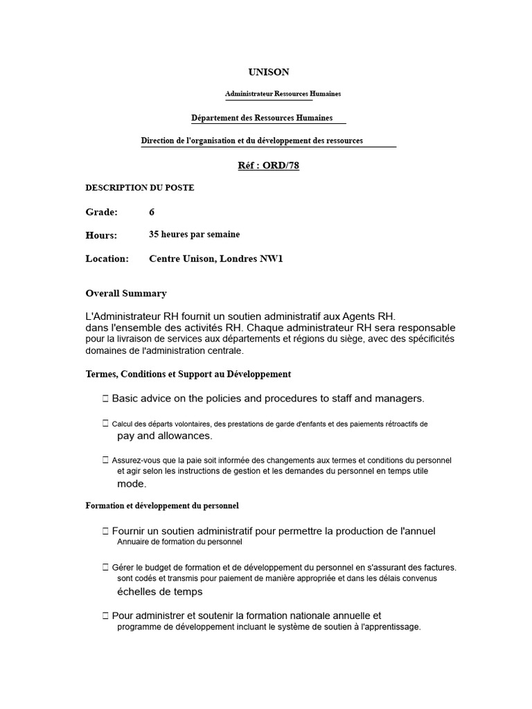 Administrateur RH chez UNISON à Londres | PDF | Gestion des ressources ...