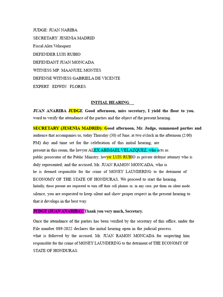 Initial Hearing Script Money Laundering | PDF | Witness | Prosecutor