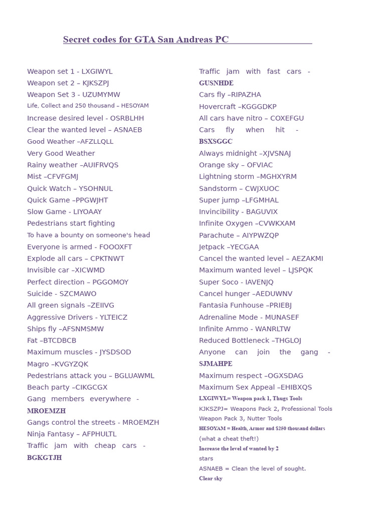 GTA San Andreas PC Cheat Codes List PDF Transport 1