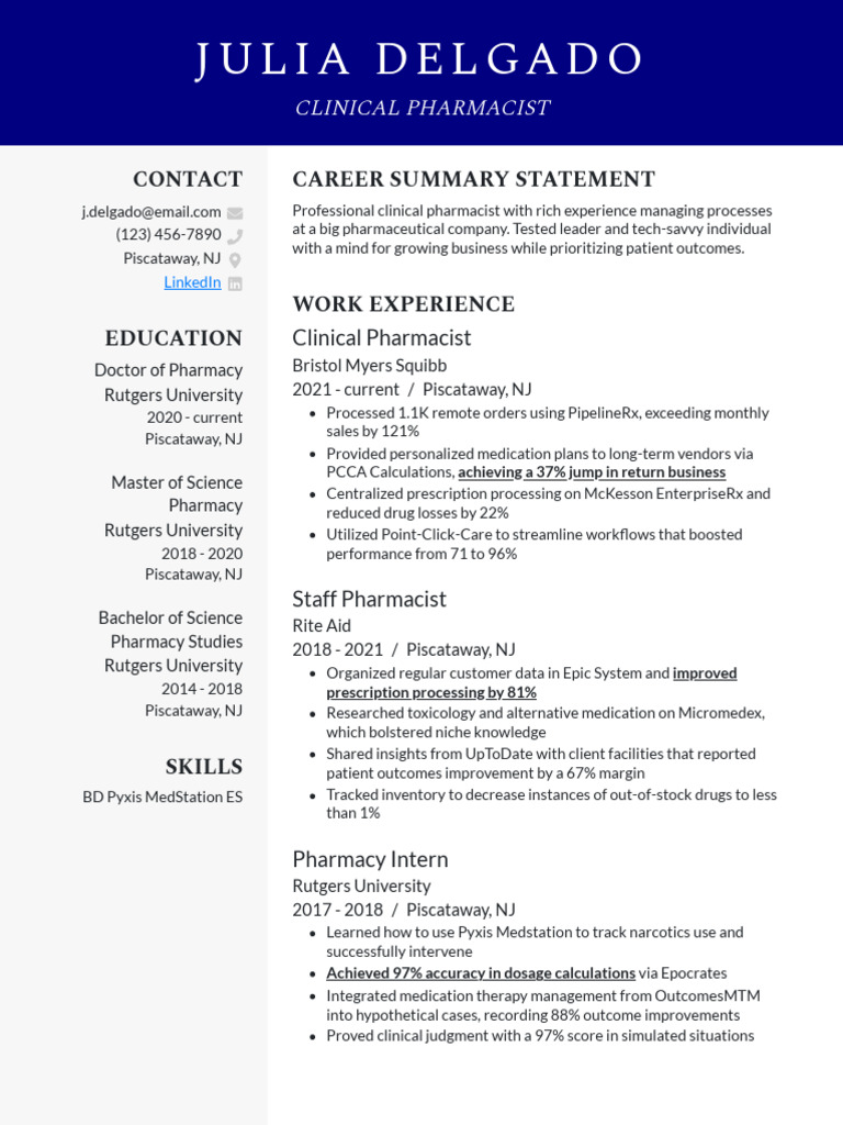 Clinical Pharmacist Julia Delgado Resume | PDF | Pharmacy | Pharmacology