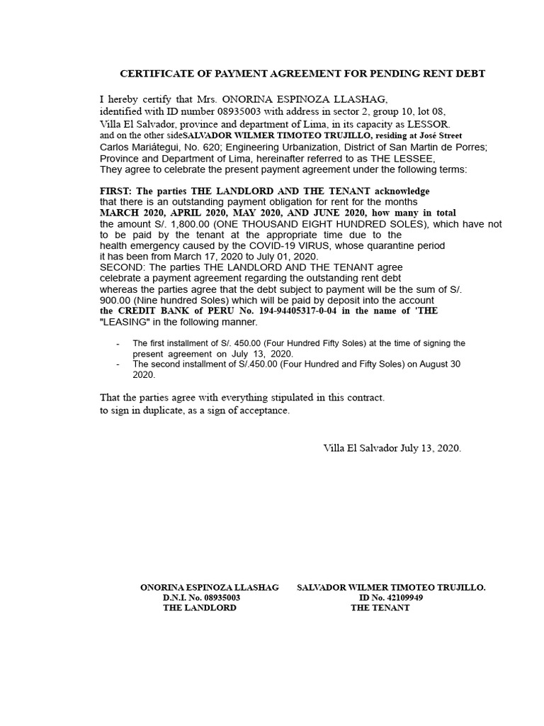 CERTIFICATE OF PAYMENT AGREEMENT FOR OUTSTANDING RENT DEBT | PDF ...