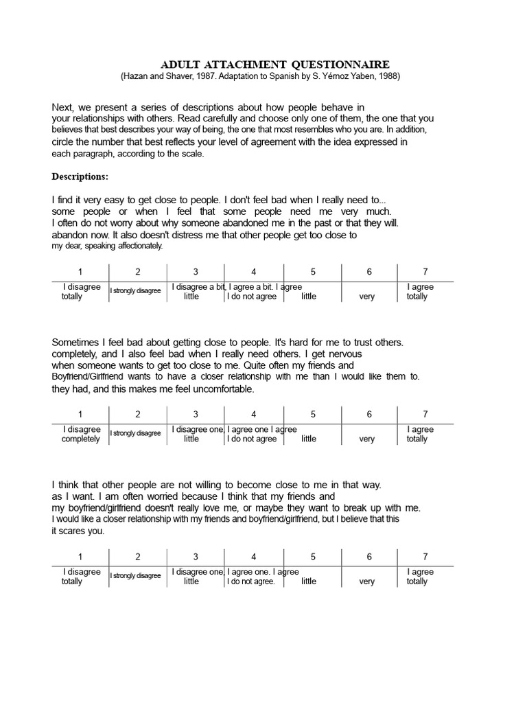 Adult Attachment and Relationship Questionnaires | PDF | Intimate ...